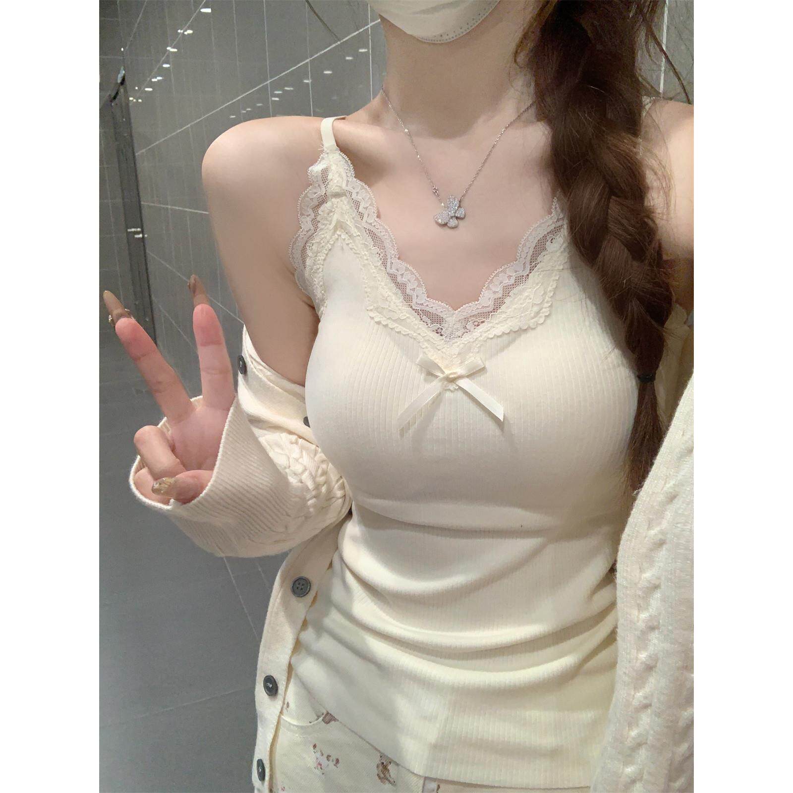 早春夏装打底上衣v领纯欲蕾丝边带胸垫肩带可调节内搭吊带背心女