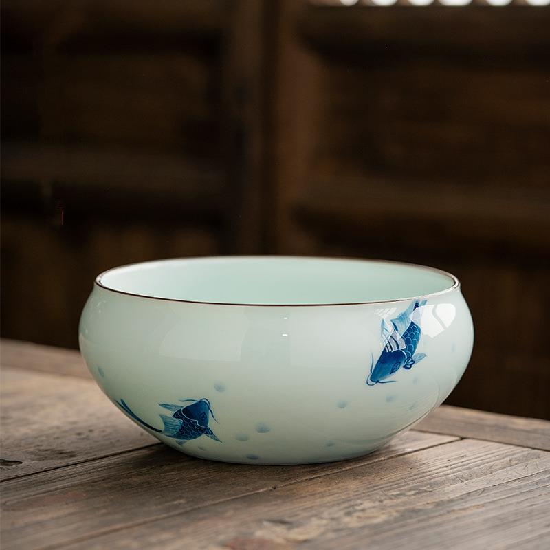 唯心造青瓷手绘鱼趣建水茶洗大号家用笔洗陶瓷茶具配件洗茶道零配