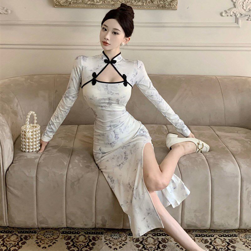 速发时尚性感高开叉旗袍年轻款少紧身收腰长袖包臀打底连衣裙