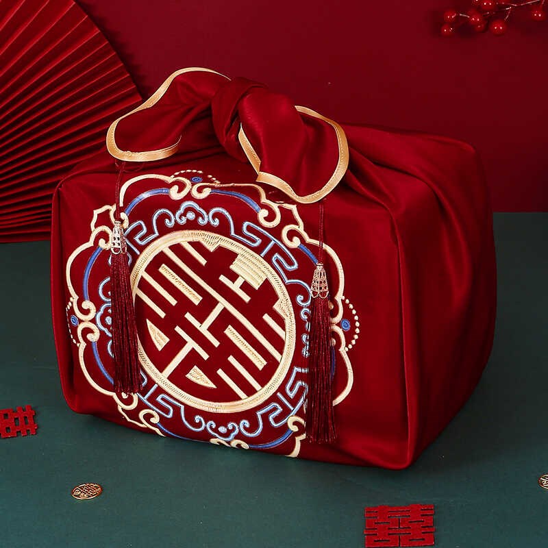 速发结婚包袱皮新娘皮婚聚宝盆盖布中式烫画红喜包裹备陪嫁布盆包