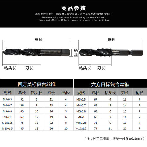 台湾进口高速钢四角复合螺旋丝锥钻攻一体丝攻美制钻孔攻牙M3-M12