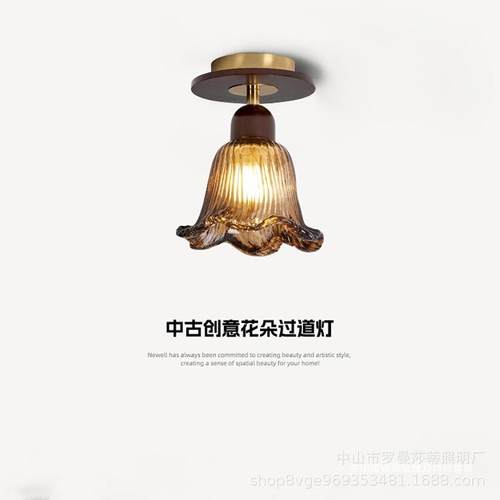 中古风过道灯阳台灯玄关灯吸顶灯护眼新中式简约胡桃木色复古led