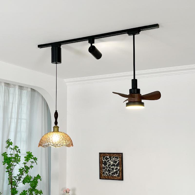 新款法式中古风餐厅轨道风扇玻璃吊灯可移位伸降悬停吧台护眼灯具