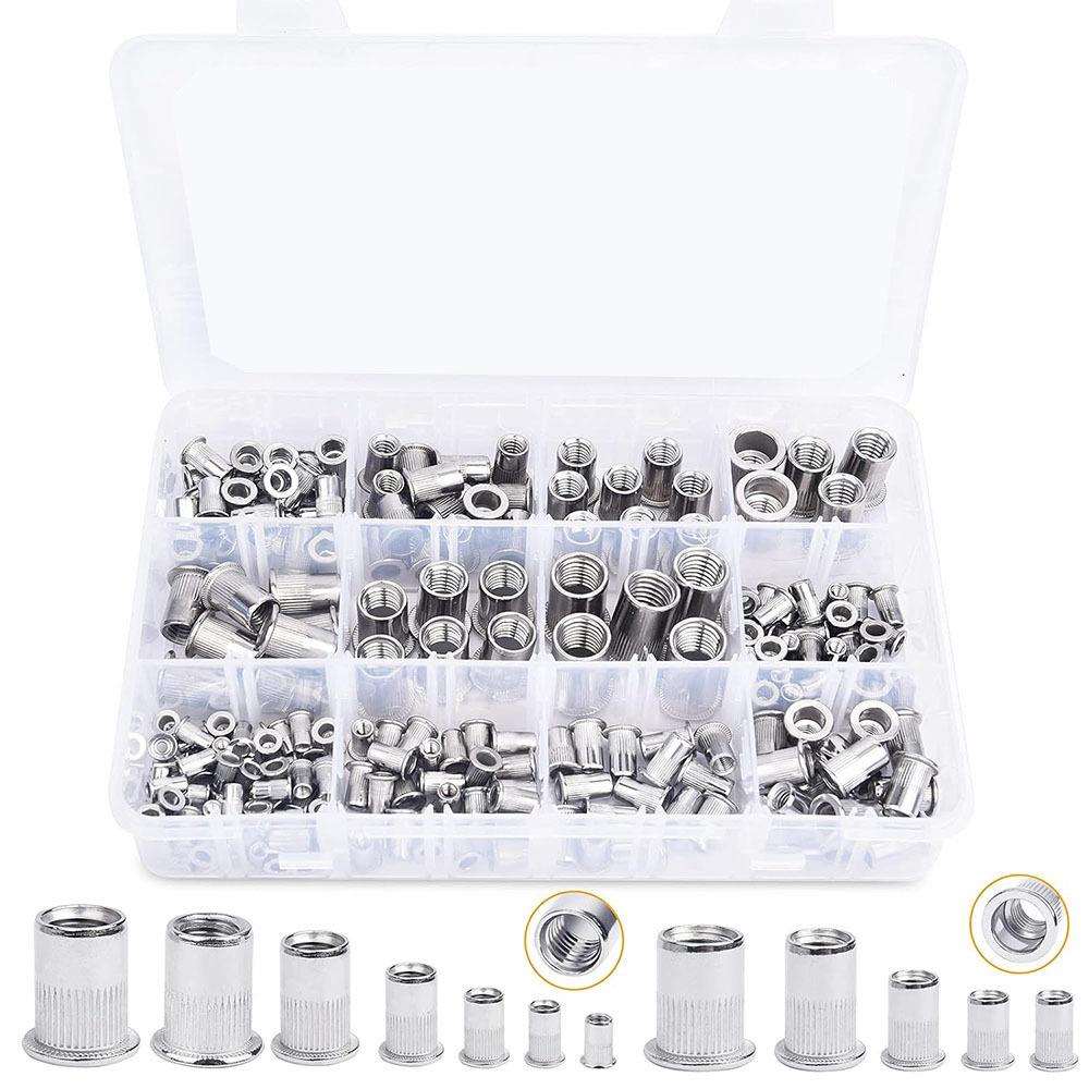 跨境 230PCS 盒装 公制/英制 304不锈钢平头螺纹拉铆螺母套件