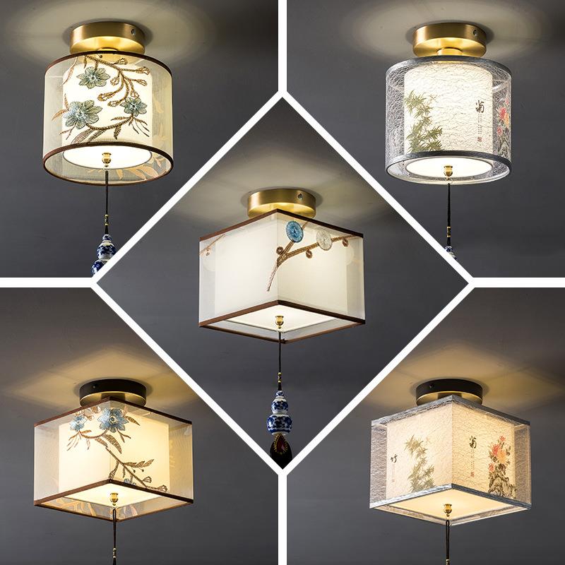 新中式过道灯小吸顶灯正方形卧室灯入户玄关灯新款阳台灯顶灯铜灯