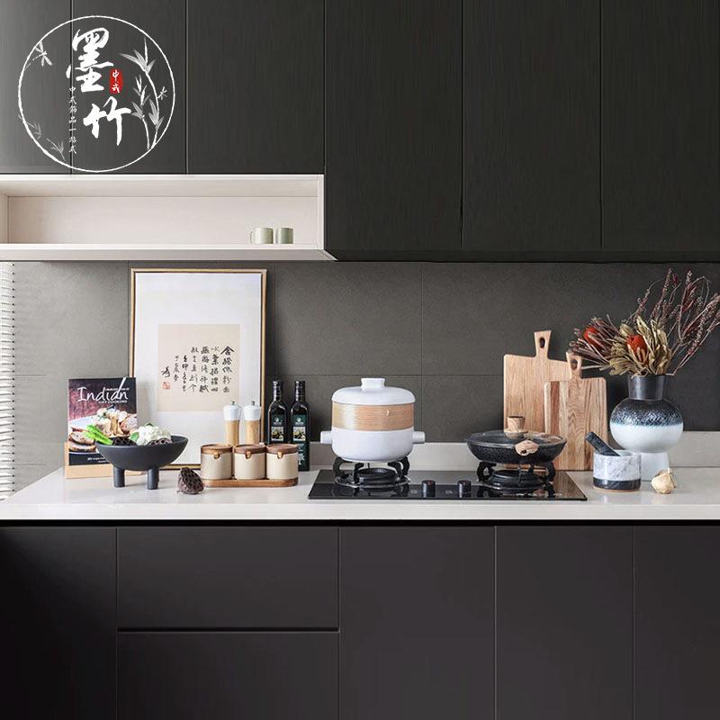 新中式简约风样板间厨房装饰品组合麦饭石锅具研磨器软装摆件套装