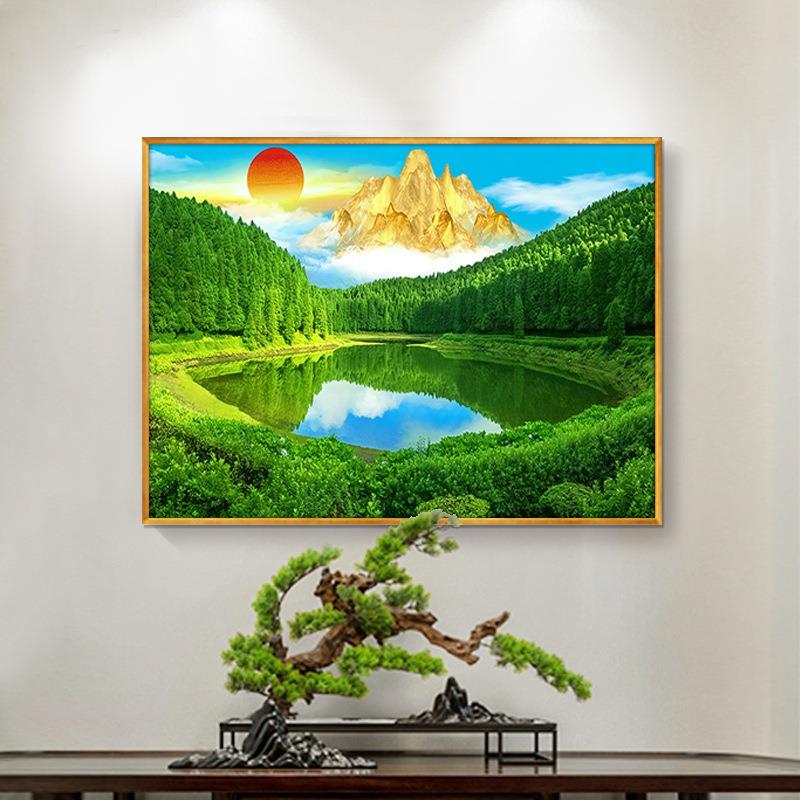绿色树林树木聚宝盆山水招财装饰画青山绿水八方来财挂画金山靠山