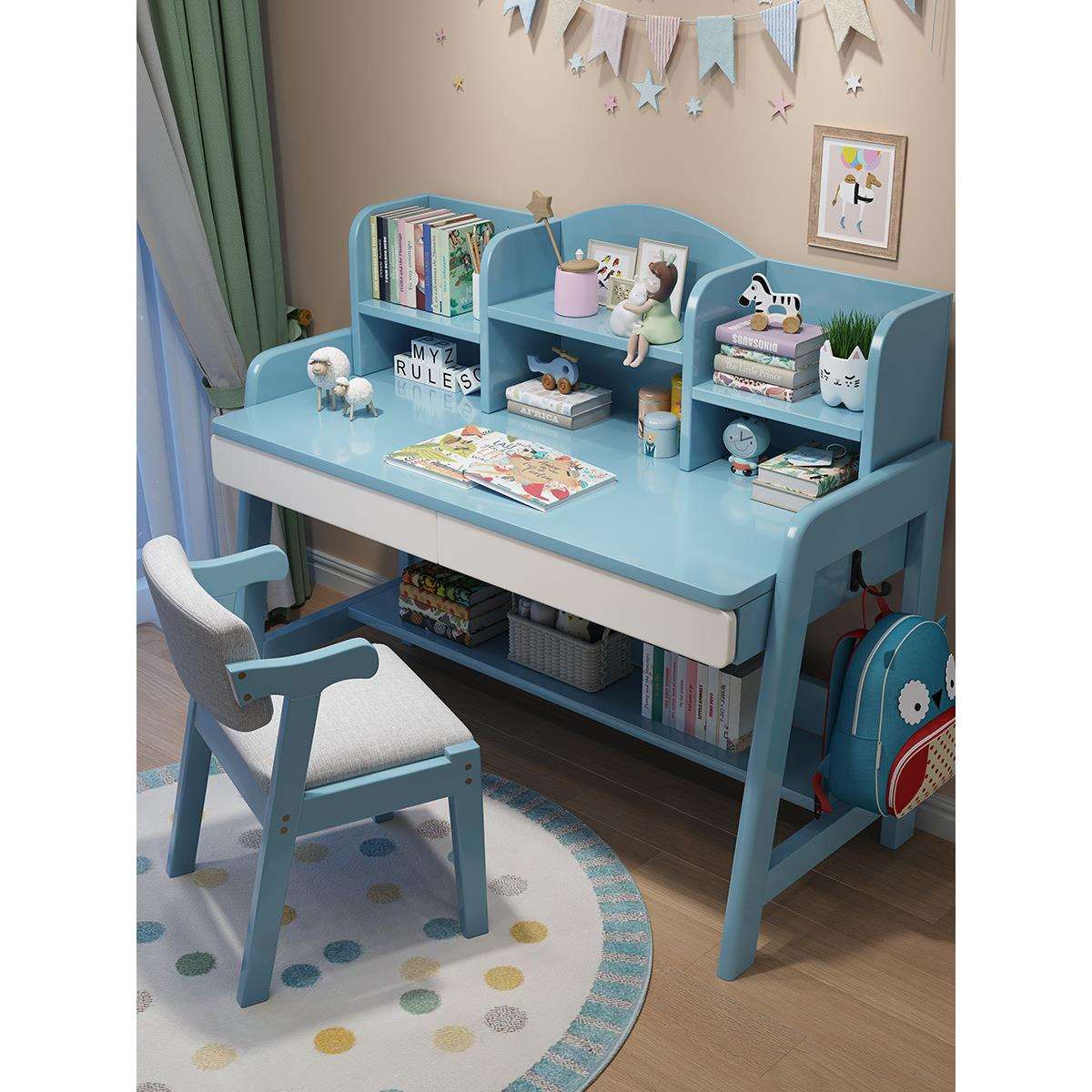 实木书桌带抽屉书架学生家用卧室中小学生写字桌可升降儿童学习桌