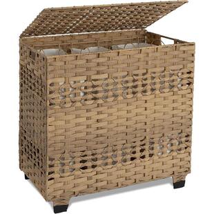 跨境手工藤编洗衣篮仿柳条塑料藤编带轮脏衣篓可拆卸大容量脏衣篮