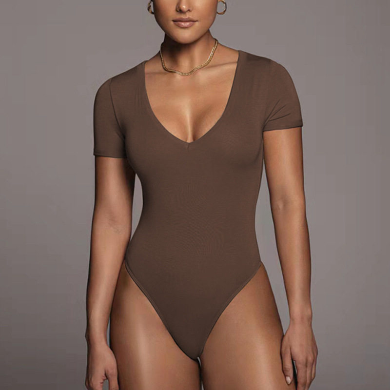 Bodysuit 2023夏季热销欧美外贸女装亚马逊短袖V领性感紧身连体衣