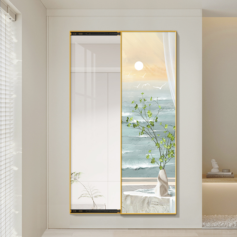 速发奶油式玄关装饰画全景绿植镜子挂画客厅卧室暗藏风推拉穿衣风