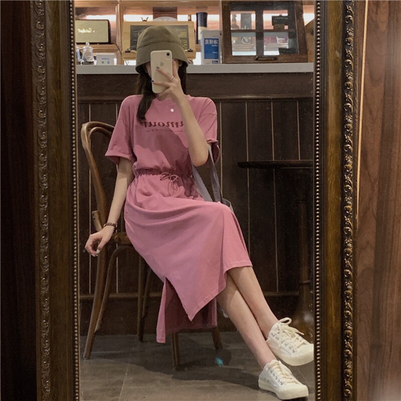 速发开2连裙衣20叉1夏季韩版宽松bf原宿风cht恤过膝长款裙子