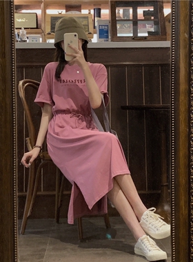 速发开2连裙衣20叉1夏季韩版宽松bf原宿风cht恤过膝长款裙子