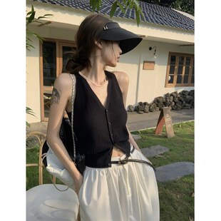 速发黑色v领内搭织针吊带背心马甲春秋纯欲风衣袖短款开衫上无外