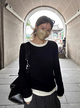 速发黑色假两件2袖t感长024新款韩系氛围恤穿搭初秋上衣