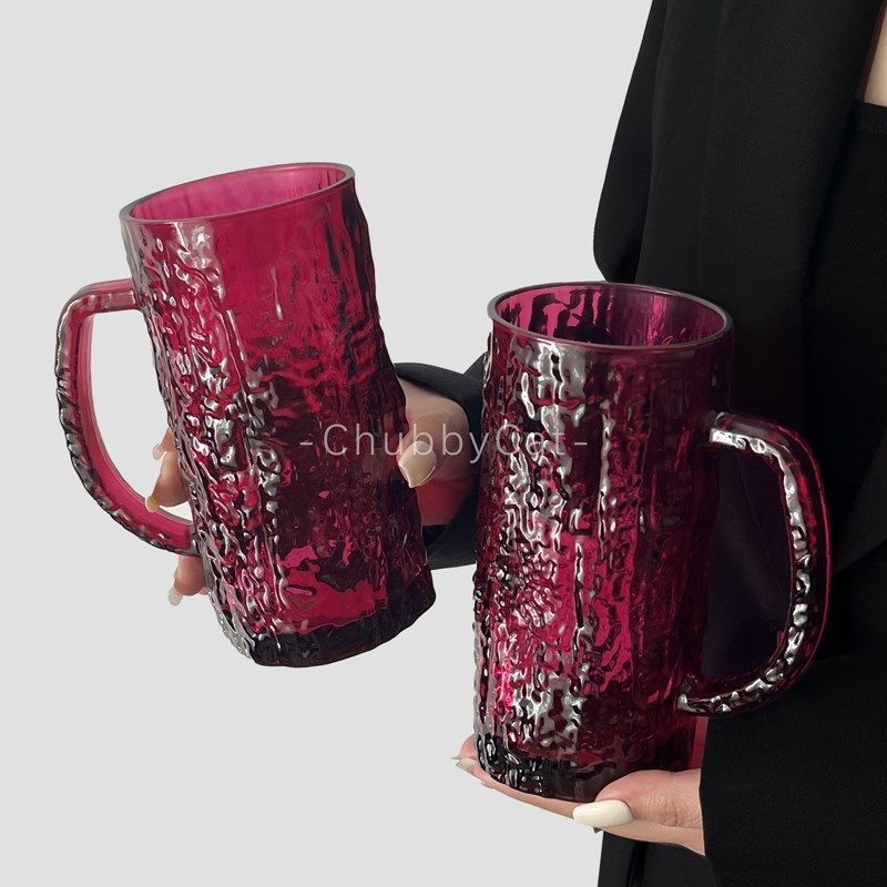 速发风玫红树皮酒带把手玻璃杯高颜值果汁杯啤纹杯大容量水杯家用,餐饮具,啤酒杯,淘宝优惠券,粉丝福利购,淘宝优惠卷