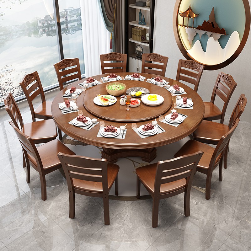 速发实米餐桌椅组合中式圆转家用10人饭桌带形盘雕花1.8木橡木大