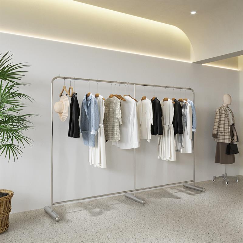 服装商店不锈钢挂衣架的男孩和女孩服装店货架地板站立展示架岛展