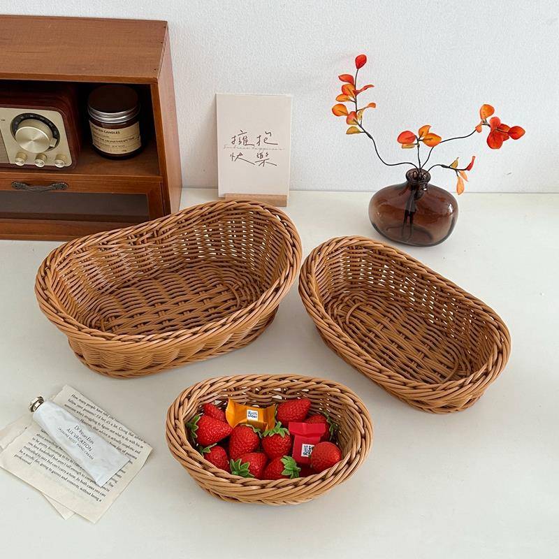 田园风野餐家用彷藤编织水果篮面包零食收纳筐桌面整理摆件编织篮