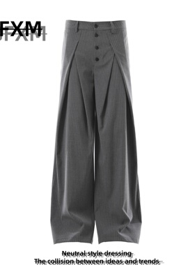 88FXM美式复古打褶条纹排扣A字老钱风西裤情侣宽松阔腿休闲西装裤