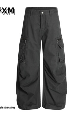 88FXM 复古美式多口袋工装裤男女宽松休闲百搭阔腿直筒拖地长裤潮