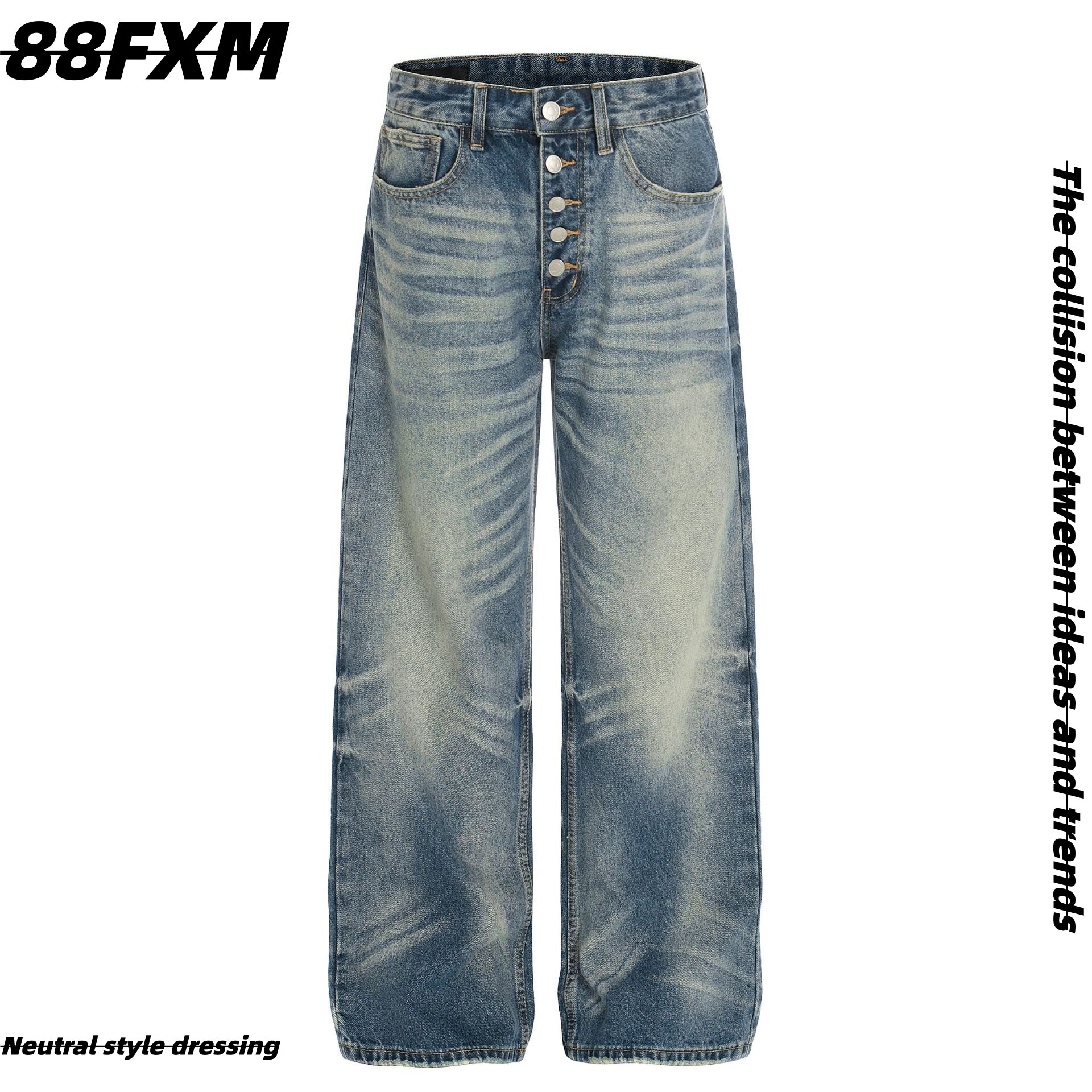 88FXM 美式复古猫须直筒牛仔裤男女宽松排扣设计感cleanfit阔腿裤