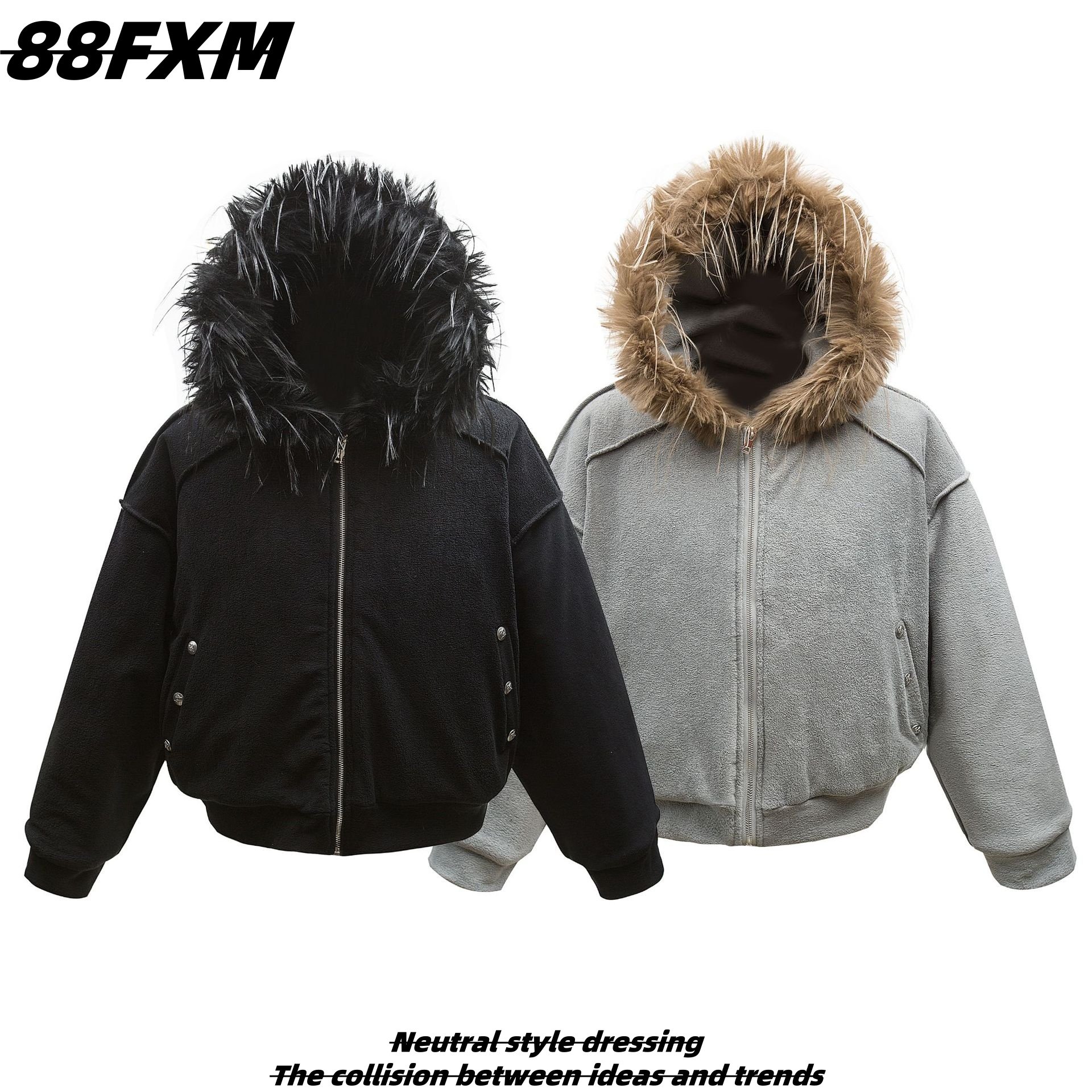 88FXM 国潮座山雕毛领外套男女冬季保暖加厚短款棉服cleanfit棉衣