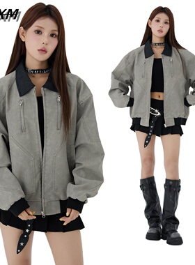 88FXM 美式复古多口袋撞色工装夹克重工拉链飞行员男女宽松外套潮