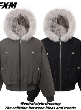 88FXM 美式重磅座山雕连帽毛领棉服女秋冬加绒加厚派克服棉衣外套