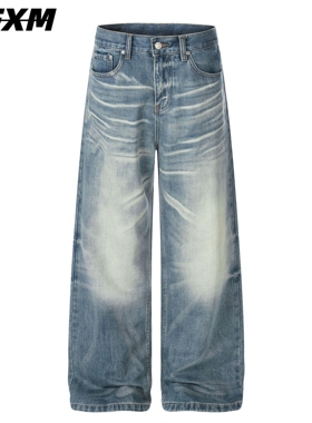 88FXM 美式复古水洗猫须蓝色直筒牛仔裤男女潮牌痞帅阔腿宽松裤子