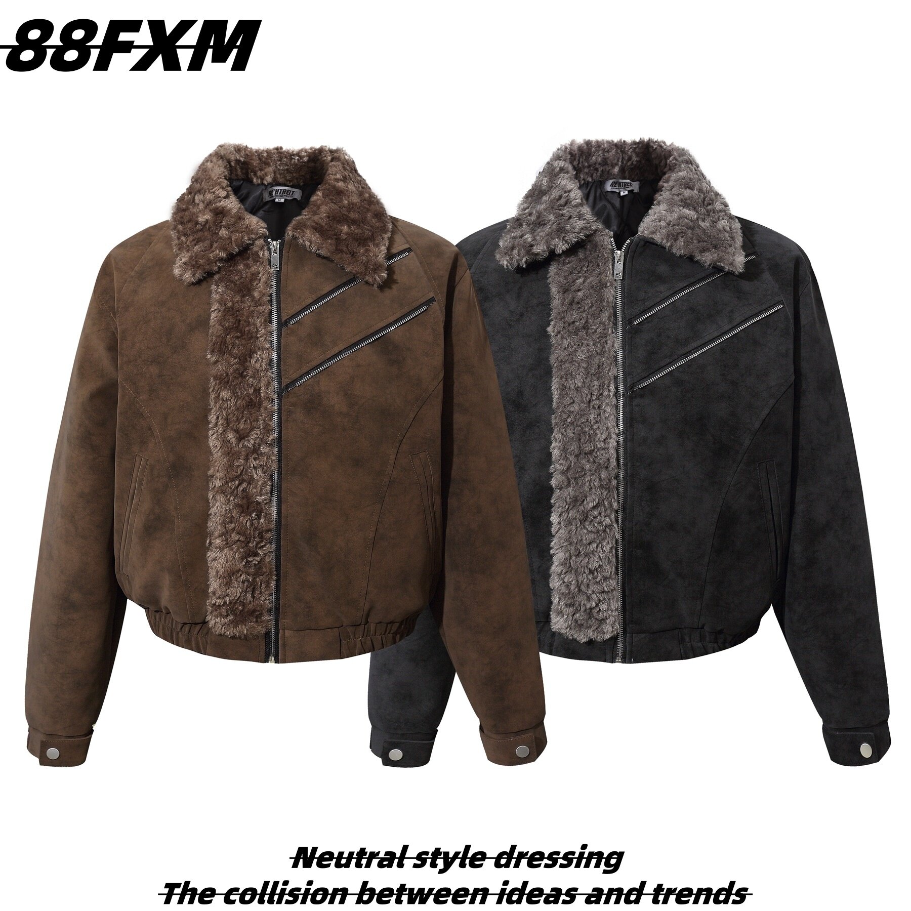 88FXM 美式复古设计感麂皮毛领棉服夹克男女cleanfit加厚夹棉外套