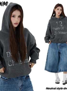 88FXM美式复古vintage做旧洗水印花连帽卫衣男女秋季boxy短款上衣