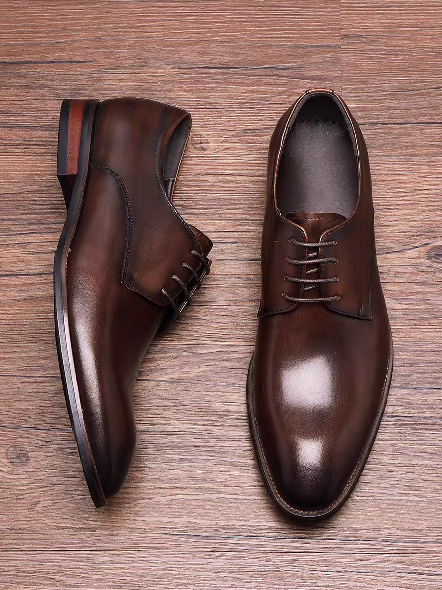 英伦风男士商务正装皮鞋真皮手工亮面德比鞋圆头软皮面结婚新郎鞋