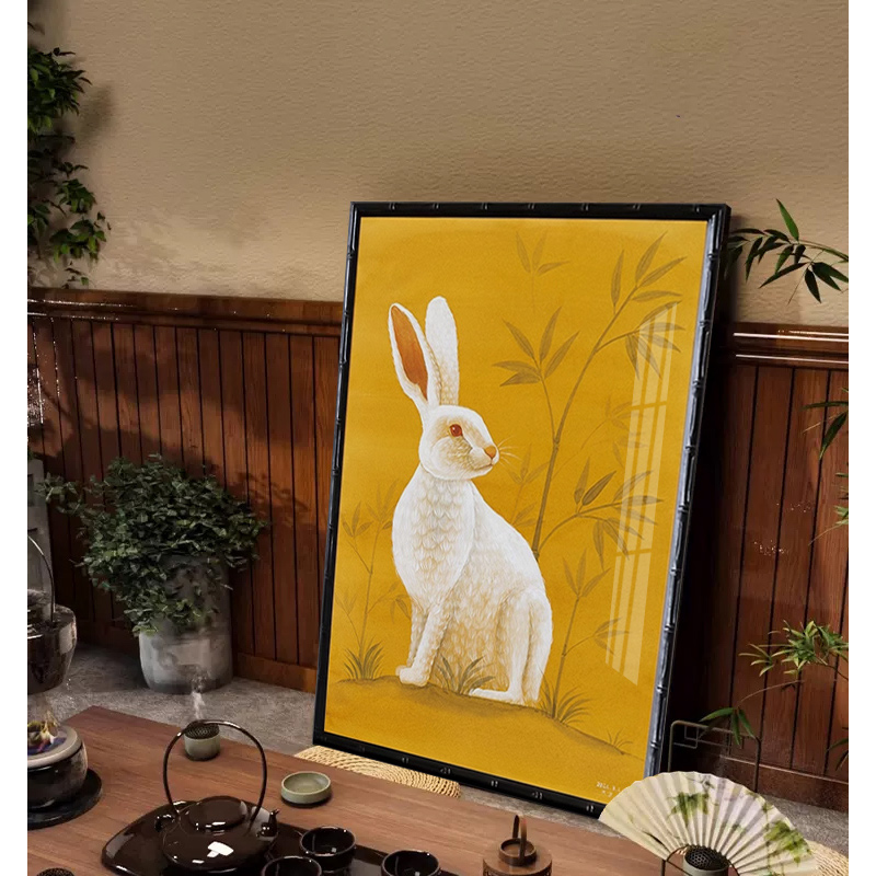 复古风白兔玄关装饰画欧式客厅书房动物背景墙挂画竖版中古风壁画图片