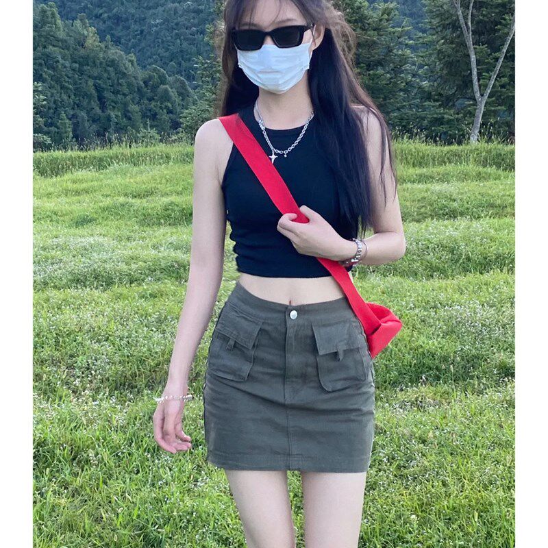 军绿色工装牛仔半身l裙短裙女2024春秋新款高腰复古a字显瘦包臀裙