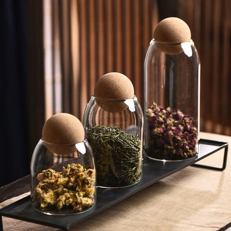 日式简约圆球软木塞玻璃储物罐茶叶罐密封罐咖啡豆罐收纳罐储存罐