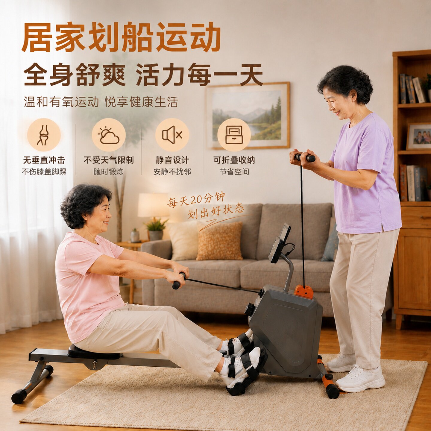 超士中老年家用健身不占地折叠款室内锻炼磁控划船机静音划船器