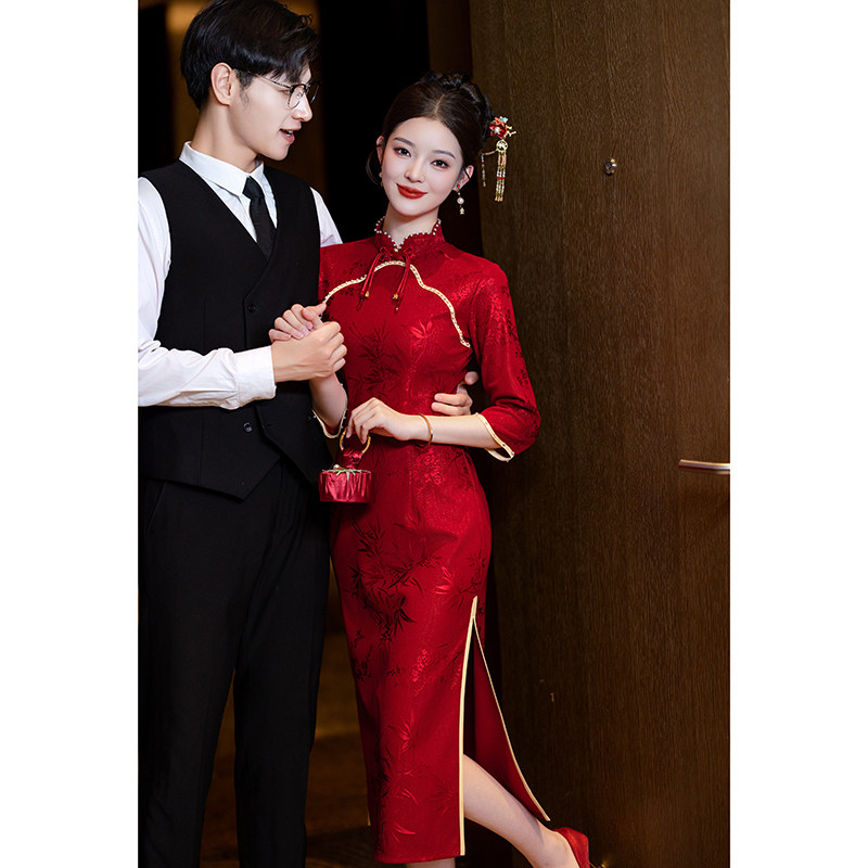 速发红色旗袍敬酒服新中式新娘订婚礼服袖结婚当天便高秋冬长裙装