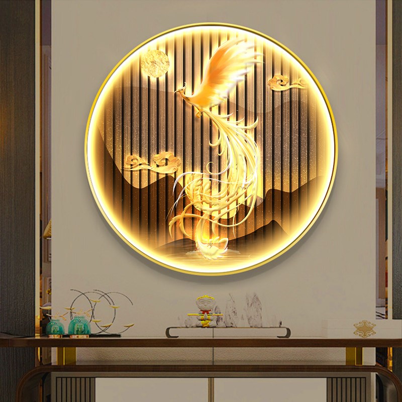 速发新中式入户进门玄关挂饰画轻奢凤凰圆形财画茶室发光餐厅招装
