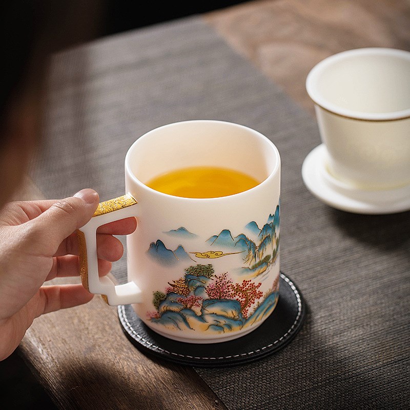 速发素烧羊脂玉瓷高滤茶杯茶水分室过档带盖水杯办公离白瓷马克杯