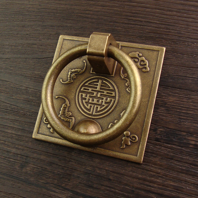 速发TH4方0中式仿古加厚门形实心铜拉手橱柜门把手刻花柜5抽屉铜