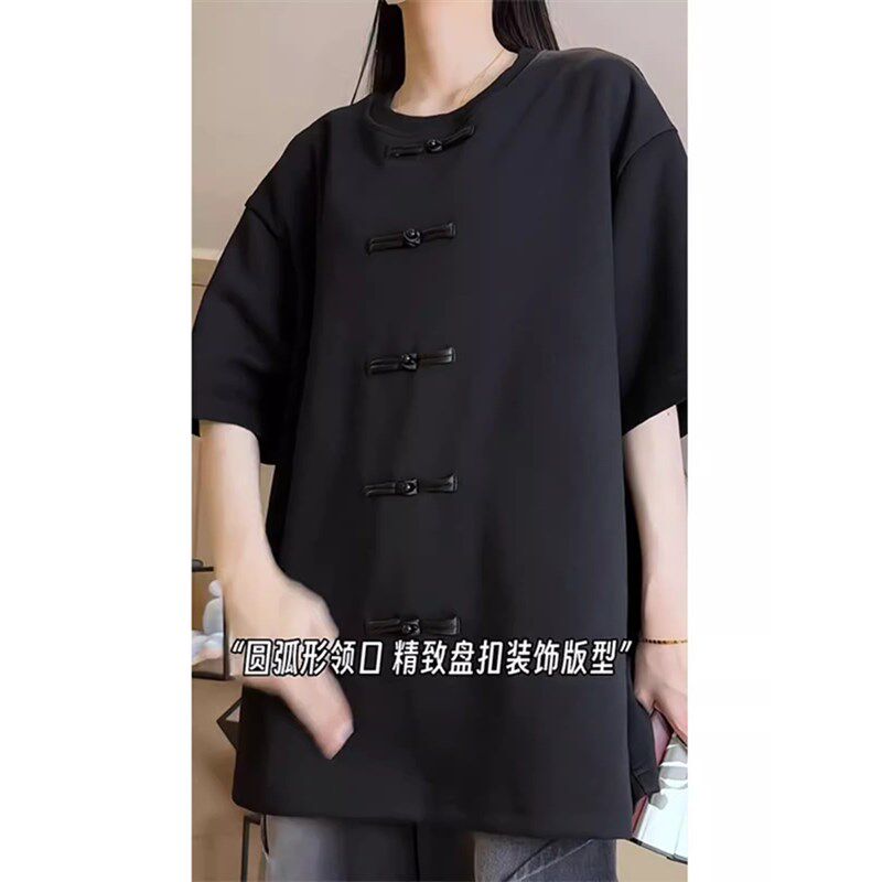 现货国风盘扣女新中式复古黑色半袖上P衣夏季宽松重磅潮流
