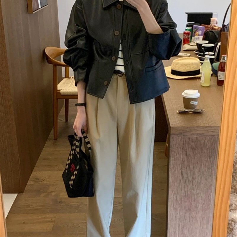 速发美式黑色复古皮衣短款20气款新5设计2质小个子休闲宽松夹克外