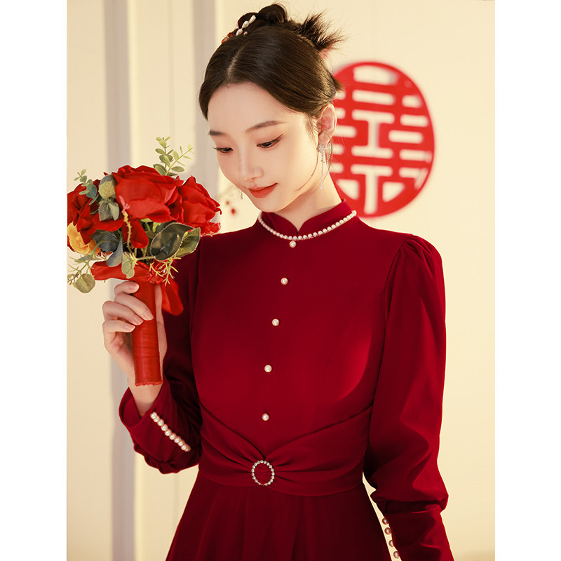速发2024新款敬酒服新娘春季酒红色立领衣婚礼服连订裙长袖高级感