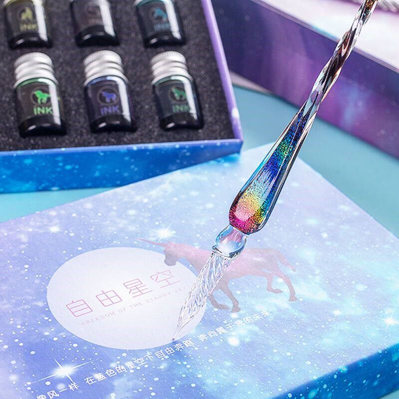 速发玻璃笔星空蘸水钢笔水晶笔古风彩墨流沙笔学生网红十二星座玻