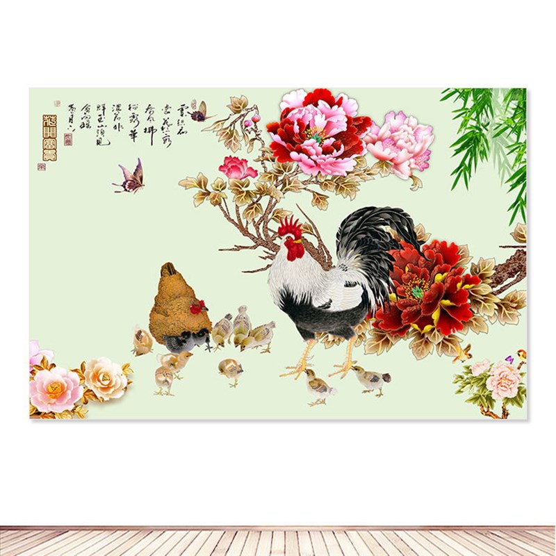 速发鸡群全镇福画饰装 画花开 富贵母鸡小鸡自粘画 画聚财家