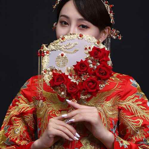 速发绒花团扇婚礼新娘秀禾服手拿刺结婚禾绣团扇中式婚礼秀扇喜扇