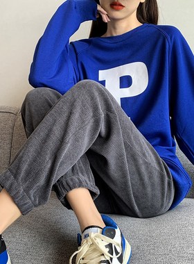 速发200斤大码雪尼裤束脚运动秋尔冬加绒小个子宽松九分休闲裤