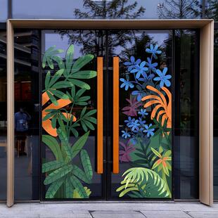 夏日上新植物绿叶玻璃贴纸酒店商场橱窗推拉门氛围装饰布置uv贴画