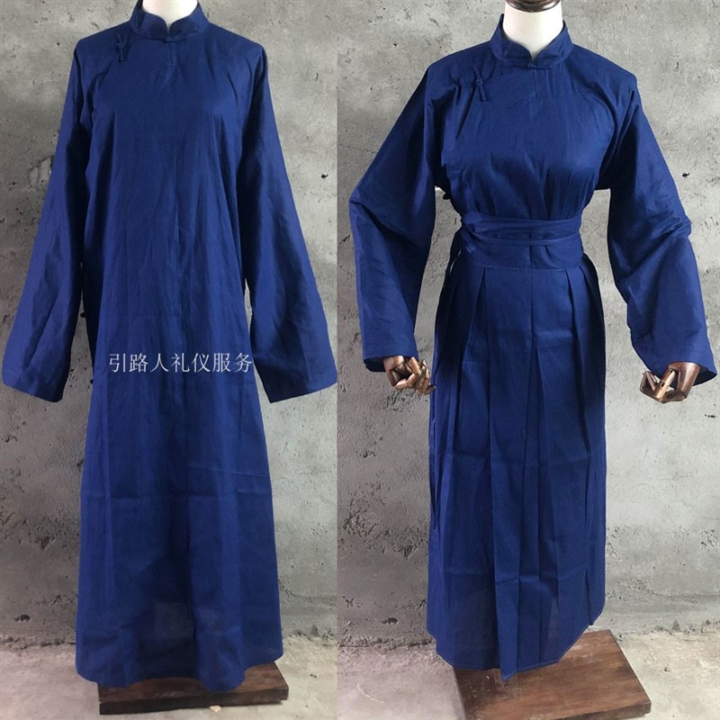 速发丧色蓝服孝衣套装白事衣服纯棉葬衣大襟偏襟孝服孝帽孝裤殡麻